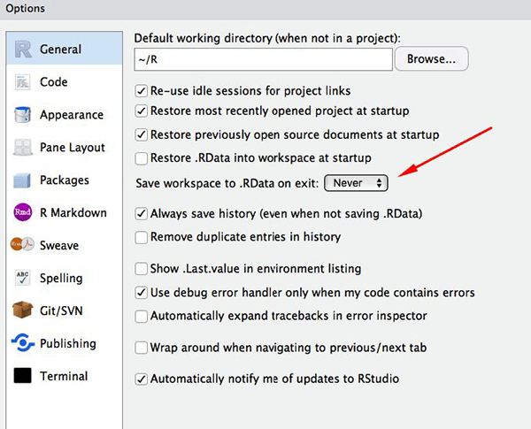 Set ‘Save workspace to .RData on exit’ to ‘Never’